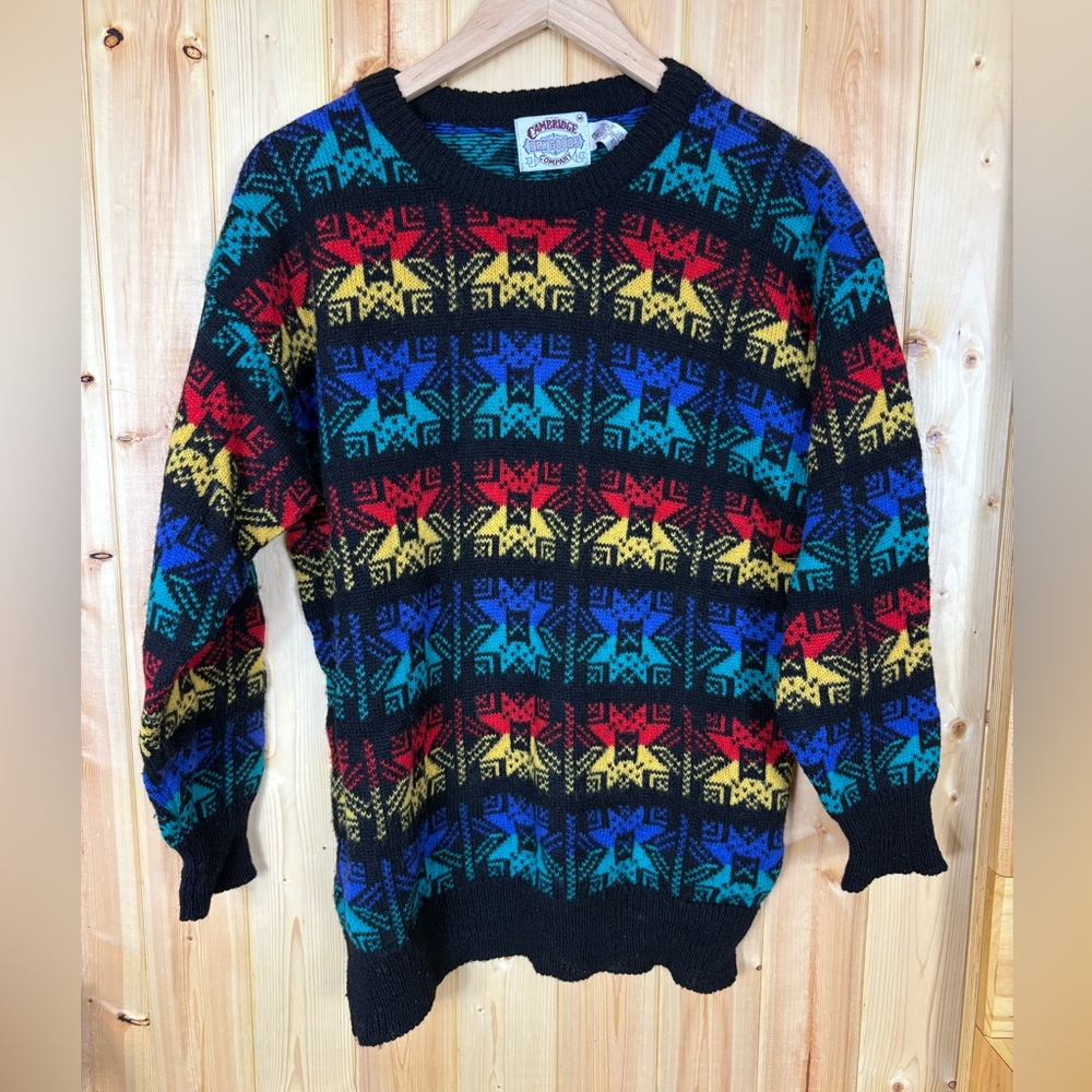 Vintage Cambridge Dry Goods Shetland Wool Black Rainbow Star Snowflake Sweater M